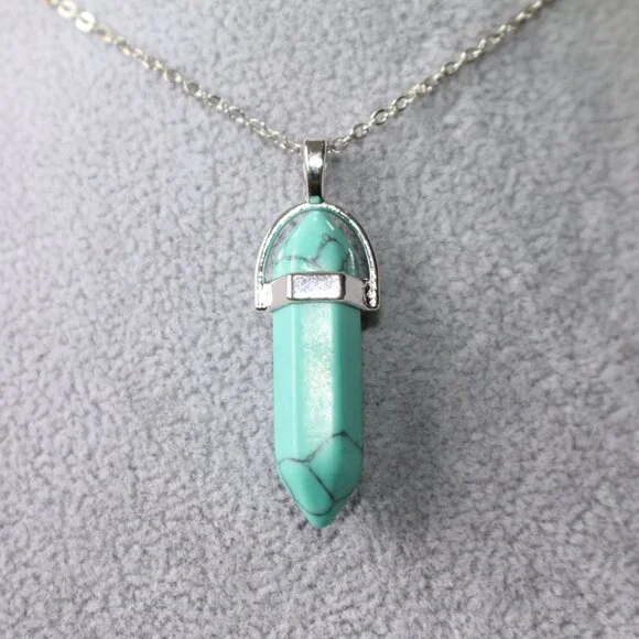 Turquoise Howlite Crystal Point Necklace – Silver Tone Chain, Healing Stone Pend - Picture 3 of 5